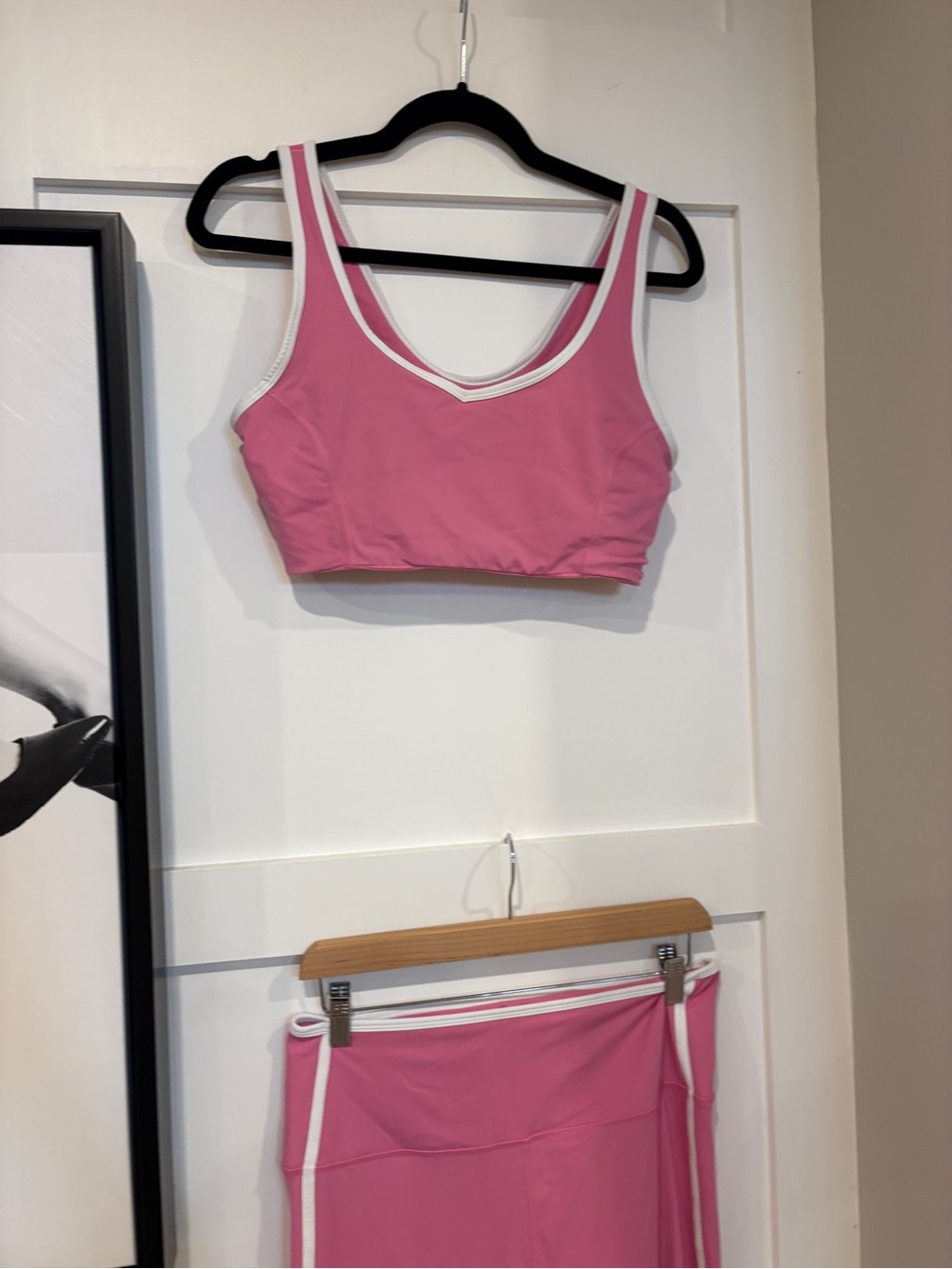 Pink Contrast-Trim Sports Bra, Shorts, and Leggings